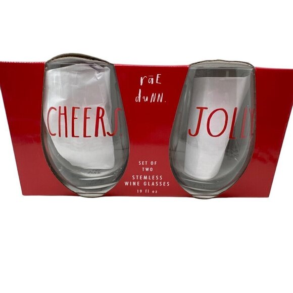 Rae Dunn Christmas Wine Glass Set Festive Holiday LL Barware Red Clear Drinkware - Picture 1 of 10